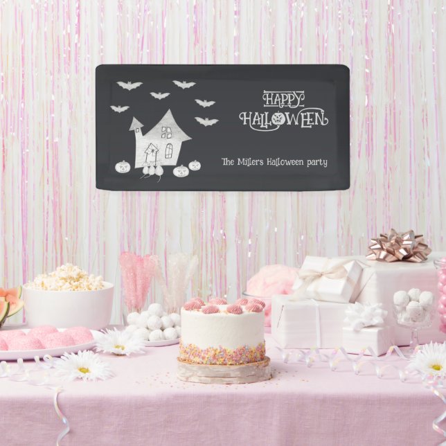 Lona Noche de Halloween con casa embrujada, murciélagos (Fiesta)