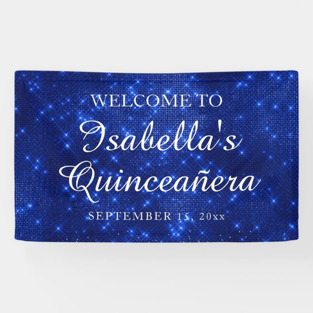 Lona Nombre de bienvenida de la Navy Blue Sparkling Qui (Horizontal)