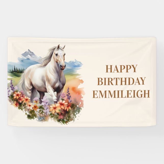 Lona Nombre de caballo blanco Cumpleaños ecuestre (Horizontal)