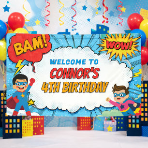 Lona Nombre de fiesta de cumpleaños de superhéroe para 
