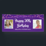 Lona Nombre de foto de 30th Birthday Purple String Ligh<br><div class="desc">Celebra un cumpleaños número 30 y/o decora para un fiesta con temática púrpura con este cartel que incluye dos fotos (tal vez fotos de THEN y NOW) y un borde de coloridas luces de cuerda. COLOR EDITABLE: El color de fondo morado se puede cambiar para coordinar con el esquema de...</div>