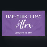 Lona Nombre del Fiesta Purple Happy Birthday<br><div class="desc">Cartel fiesta personalizado morado "Feliz Cumpleaños" personalizado con el nombre del invitado de honor y su fecha fiesta. Comuníquese conmigo para obtener ayuda con su personalización o para solicitar productos adicionales de correspondencias o coordinación para su fiesta.</div>