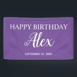 Lona Nombre del Fiesta Purple Happy Birthday<br><div class="desc">Cartel fiesta personalizado morado "Feliz Cumpleaños" personalizado con el nombre del invitado de honor y su fecha fiesta. Comuníquese conmigo para obtener ayuda con su personalización o para solicitar productos adicionales de correspondencias o coordinación para su fiesta.</div>