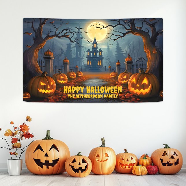 Lona Nombre familiar Spooky Feliz Fiesta de Halloween (Family Name Spooky Happy Halloween Party Banner)