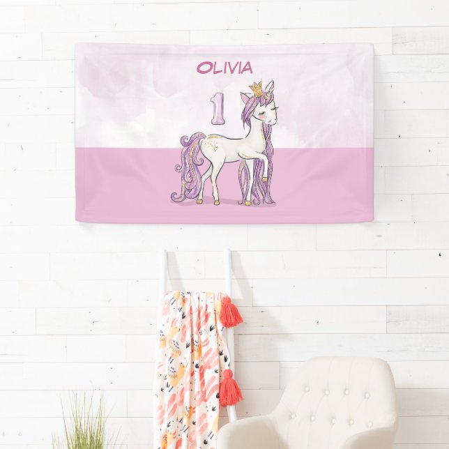 Lona Nombre personalizado 1er cumpleaños Caballo rosa c (In situ)