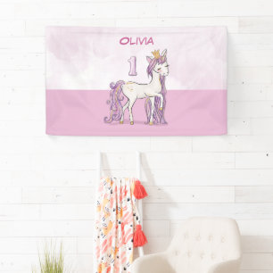 Lona Nombre personalizado Caballo rosa de primer cumple