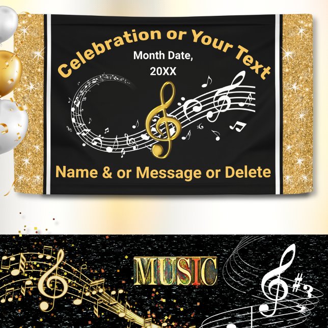 Lona Notas de música personalizadas únicas Banner Black (Music themed Banner. Music Graduation party ideas. Musical birthday party ideas. Musical Banners. )