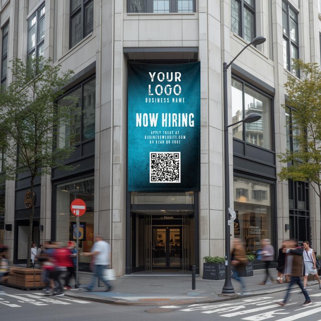 Lona Now Hiring Banner QR Code Teal Grunge Gradient (Subido por el creador)