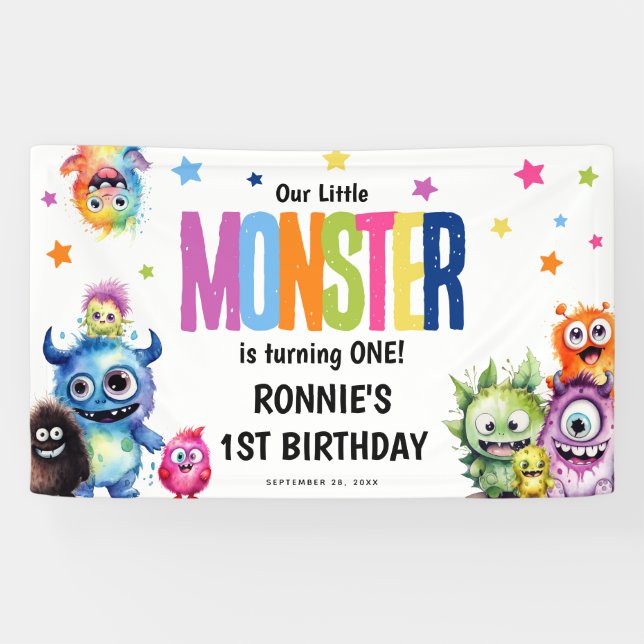 Lona Nuestra Fiesta de Cumpleaños del Pequeño Monstruo (Horizontal)