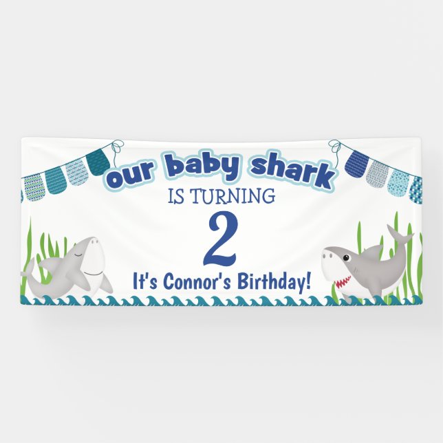 Lona Nuestro bebé tiburón añade tu cumpleaños de edad (Horizontal)