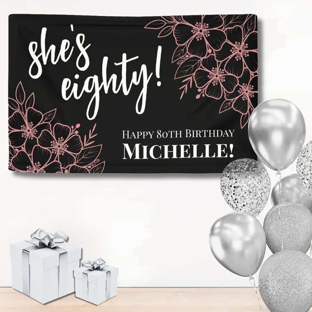 Lona Ochenta y ochenta Aniversario (Eighty Black Rose Gold 80th Birthday Party Banner)
