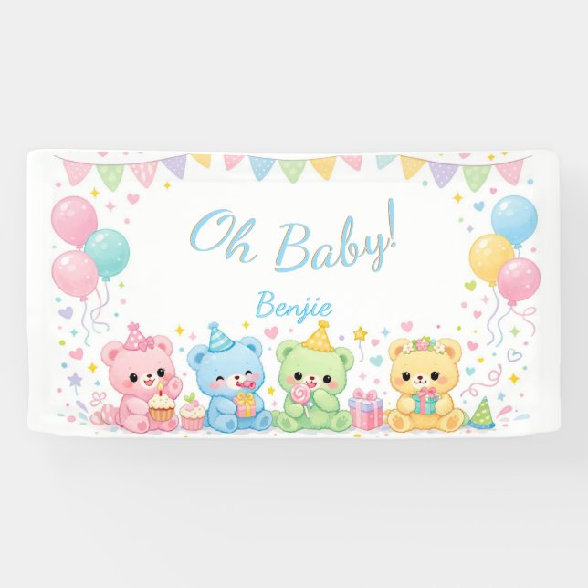 Lona Oh Baby Boy Cute Bunny Pastel Baby Shower (Horizontal)