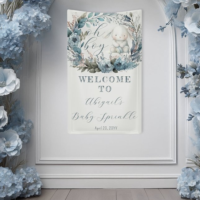 Lona Oh Boy Bunny Rabbit Blue Floral Baby Sprinkle (Bunny Rabbit and Blue Floral Wreath Boy Baby Sprinkle Banner - "Oh Boy" Bunny Collection)