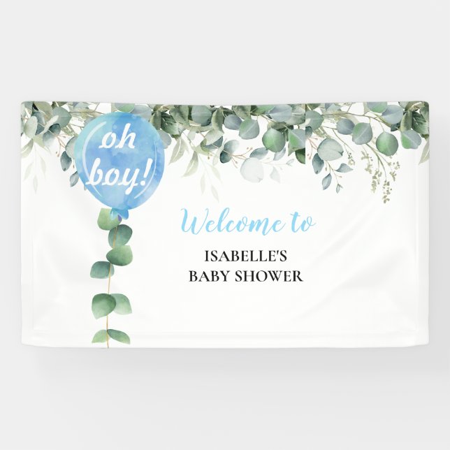 Lona Oh Boy globo vegetación eucalipto baby shower (Horizontal)