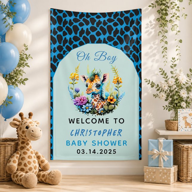 Lona ¡Oh Chico! Baby Shower de Jirafa Bebé (Oh Boy! Baby Giraffe Baby Shower Banner)
