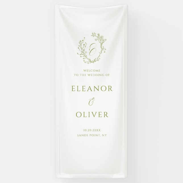 Lona Olive Green Floral Line Art Crest Wedding Welcome (Vertical)