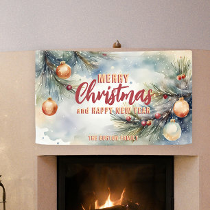 Lona Ornamentos navideños acuarelas y ramas de pino