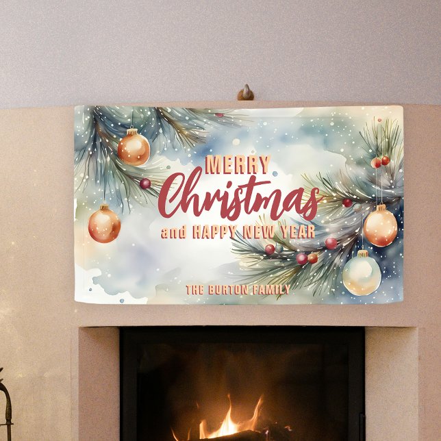 Lona Ornamentos navideños acuarelas y ramas de pino (Subido por el creador)