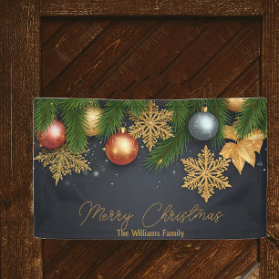 Lona Ornamentos navideños brillantes y ramas de pino