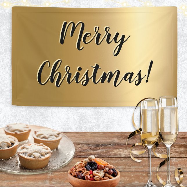 Lona Oro Falso Diversión Chic Festivo Navideño Elegante (A festive, faux gold banner, with Merry Christmas greeting in elegant script typography)
