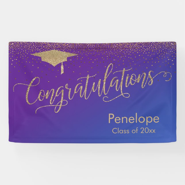 Lona Oro Felicitaciones Graduación Ombre Azul Morado (Horizontal)