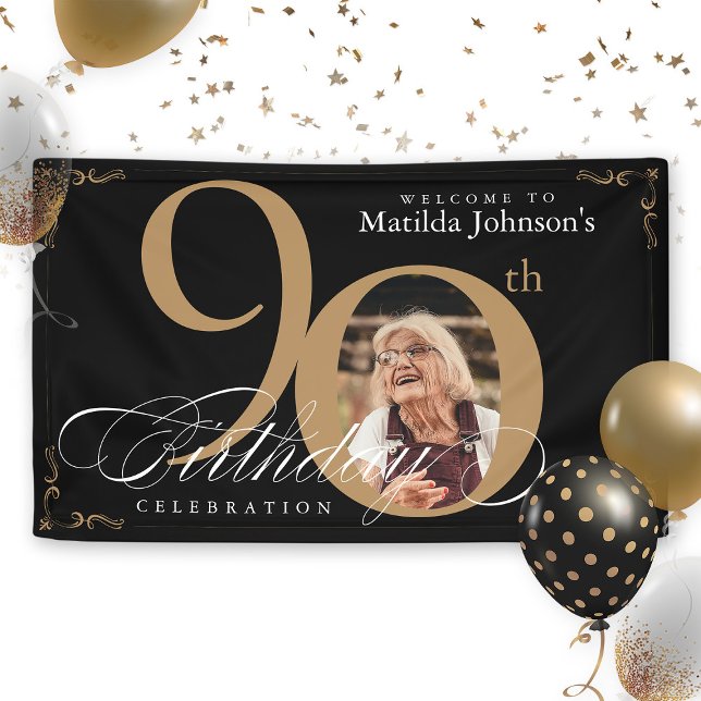 Lona Oro Negro 90.º cumpleaños elegante fotografía cali (Black Gold 90th Birthday Elegant Calligraphy Photo Banner)