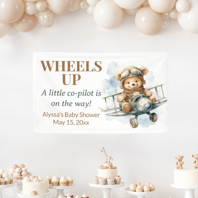Lona Osito de Peluche Listo para Despegar Copiloto Pequ (Wheels Up Little Co-Pilot baby shower banner)