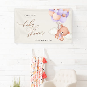 Lona Osito, Globos Morados, Bienvenida al Baby Shower