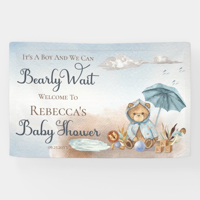 Lona Oso | Baby Shower Blue Umbrella Bearly Wait Boy (Horizontal)
