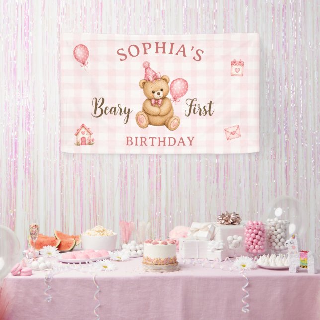 Lona Oso cumpleaños 1 Beary Globo rosa (Fiesta)