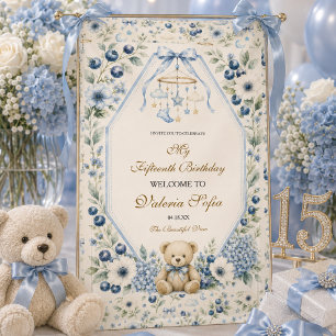 Lona Oso de peluche floral azul elegante cumpleaños 15