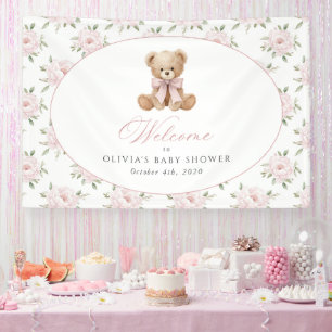 Lona Oso, Lazo Rosa, Flores Rosas, Bienvenida a Baby Sh