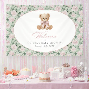 Lona Oso, Lazo Rosa, Flores Rosas, Bienvenida a Baby Sh