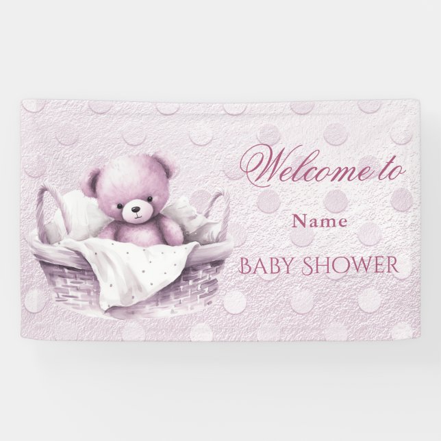 Lona Oso Teddy Rosa en Baby Shower de cesta (Horizontal)