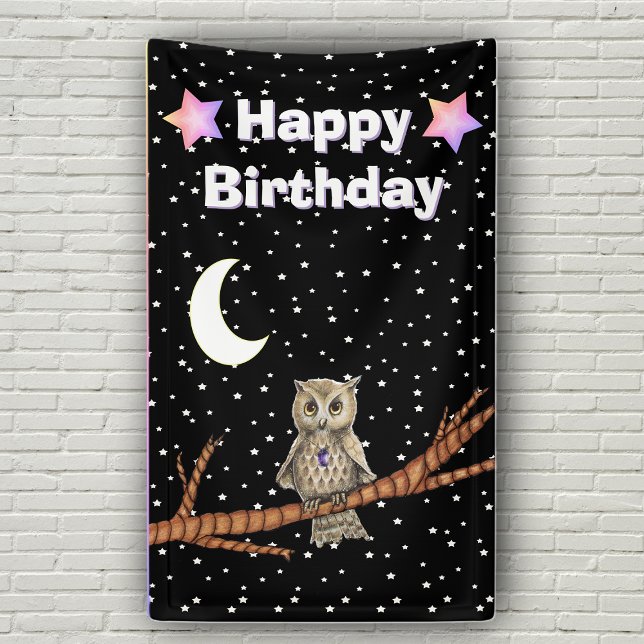 Lona Owl Branch Purple Crystal Moon Stars Cumpleaños (Owl on branch moon stars crystal necklace on Happy Birthday black party backdrop.)