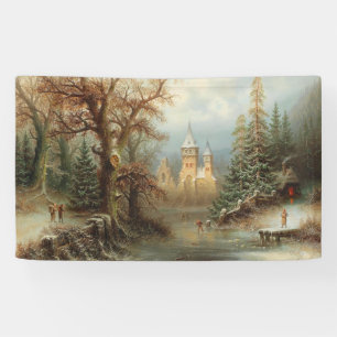 Lona Paisaje invernal romántico con patinadores sobre h