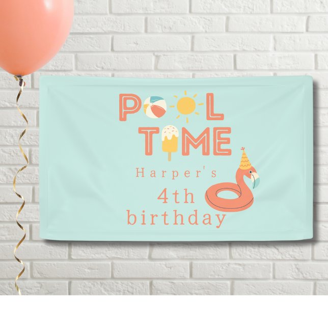 Lona paleta de flamenco de verano fiesta de cumpleaños  (pool time flamingo sun popsicle beach ball birthday pool party personalized banner sign)