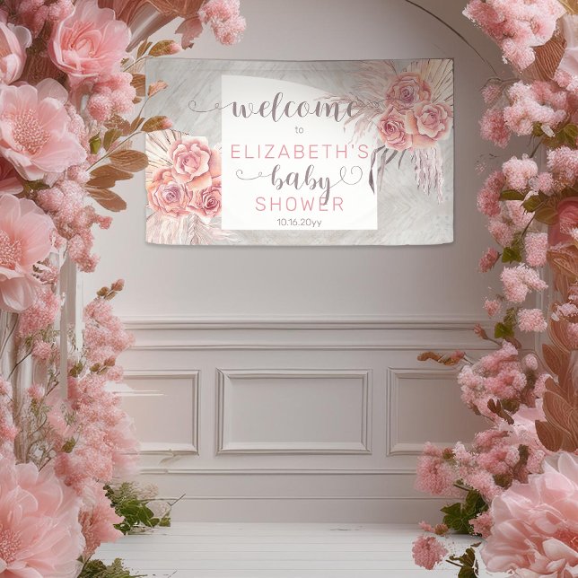 Lona Pampas Grass |Bienvenida de Baby Shower Rosa Chica (Boho Pampas Grass and Rose Blooms Pink | Gray Girl Baby Shower Welcome Banner)