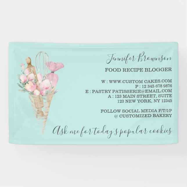 Lona Panadería Pastelería Verde Teal Flores Boho Creati (Horizontal)