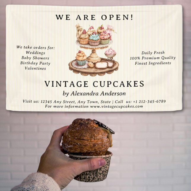 Lona Panadería retro de tortas de cosecha antigua (Vintage Cupcake Retro Bakery Banner )