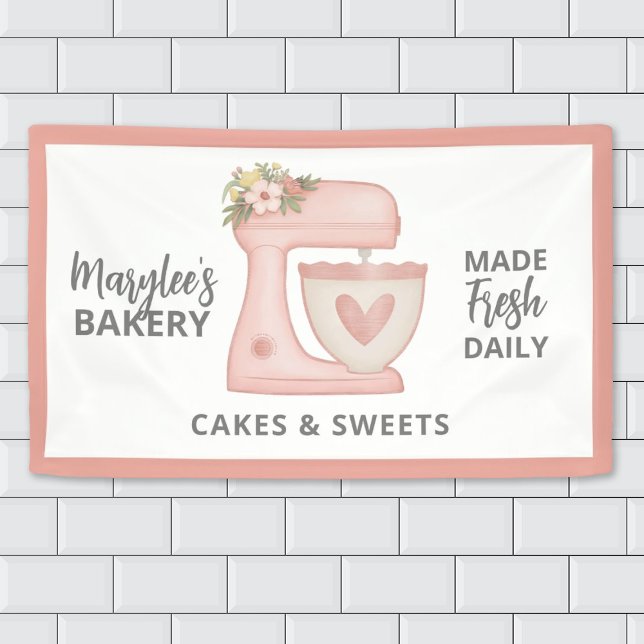 Lona Panadería rosa Cute Business Pastry Chef Banner (cute pink bakery banner featuring a pink stand mixer)