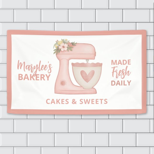 Lona Panadería rosa Cute Business Pastry Chef Banner (Cute Pink Bakery Business Banner decorated with a mixer.)
