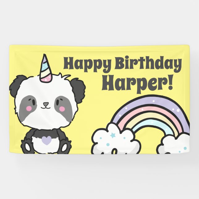 Lona Panda Unicorn Rainbows Banner de cumpleaños (Horizontal)