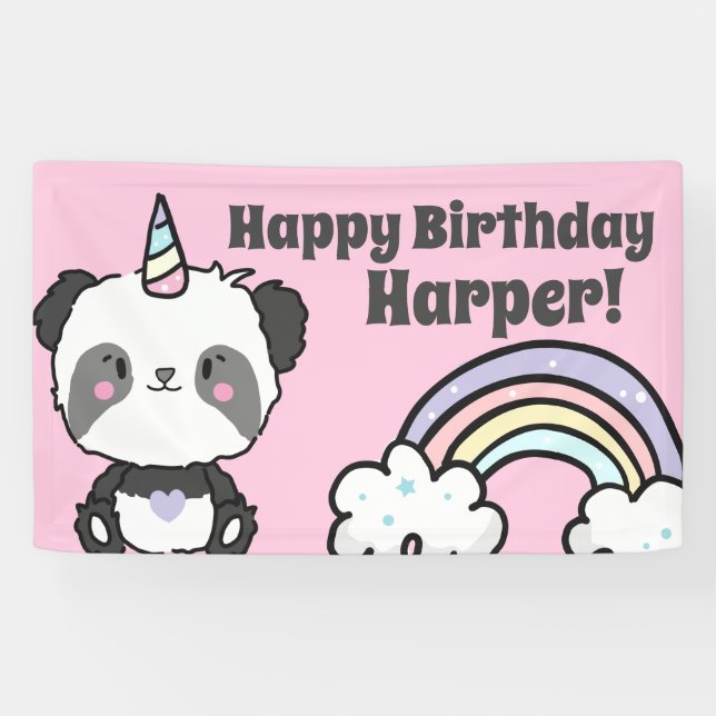 Lona Panda Unicorn Rainbows Banner de cumpleaños (Horizontal)
