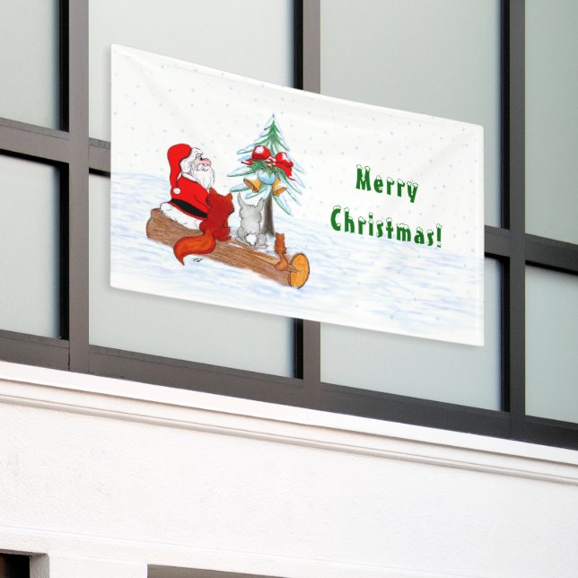 Lona Papá Noel con conejo, zorro y ardilla (Edificio exterior)