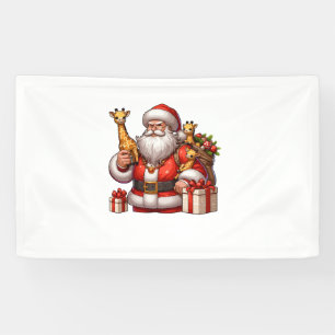 Lona Papá Noel norteamericano sostiene jirafa en Navida