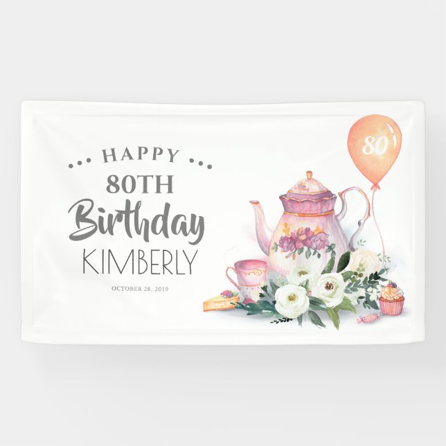 Lona Par-Tea Floral Teapot Feliz cumpleaños (Horizontal)