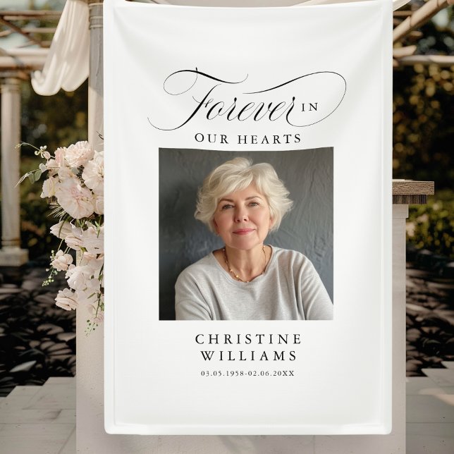 Lona "Para siempre en nuestros corazones", monumento, n (Banner
"Forever in our Hearts" In loving, Memory Banner. Elegant, script font, with photo & name.)