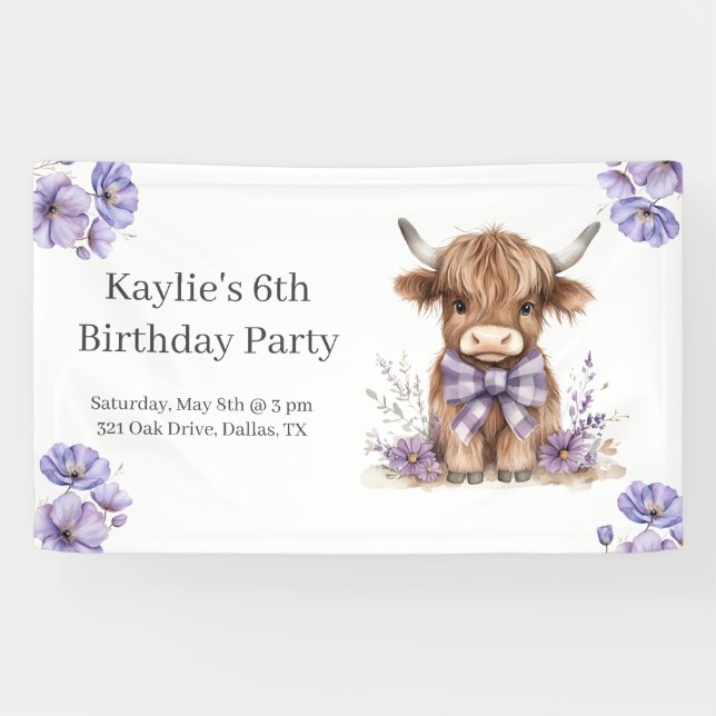 Lona Partido de Cumpleaños de la Vaca Morada Highland (Horizontal)