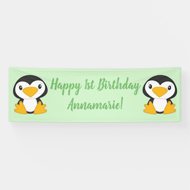 Lona Partido de Cumpleaños del Pingüino Verde (Horizontal)